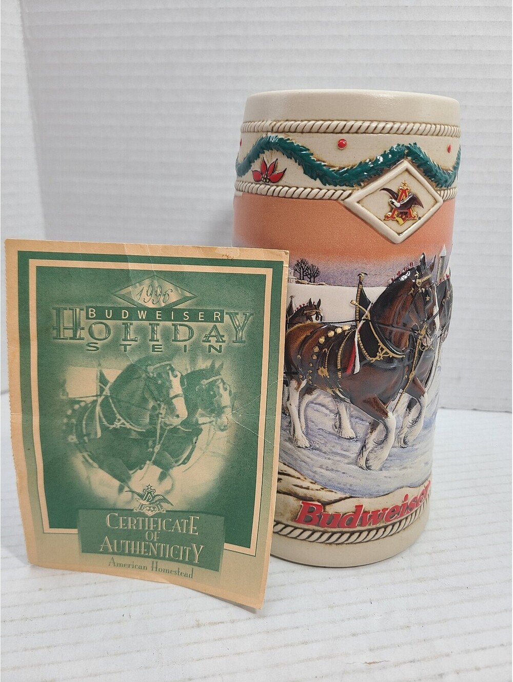 1996 Budweiser Holiday Beer Stein American Homestead COA Christmas Series